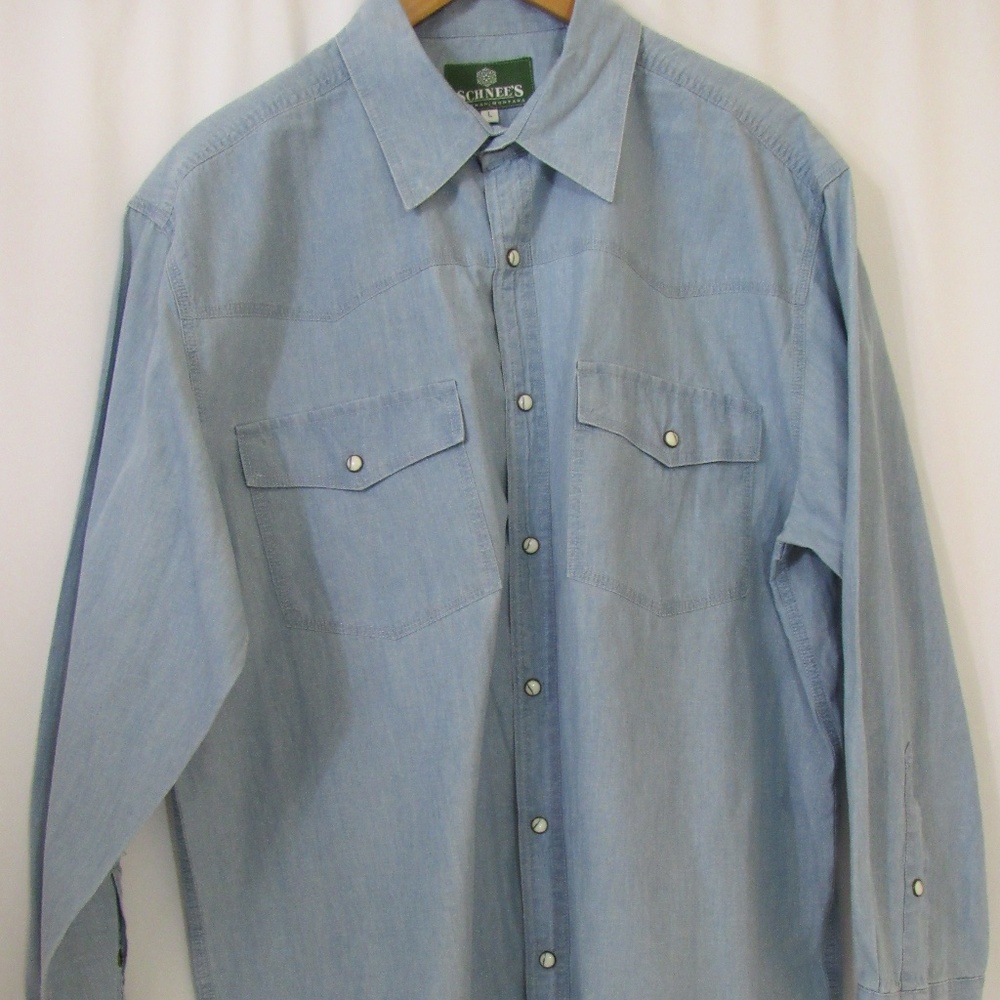 Schnees Bozeman Montana‎ Long Sleeves Shirt Mens Size L Pearl Snap Cotton Blue